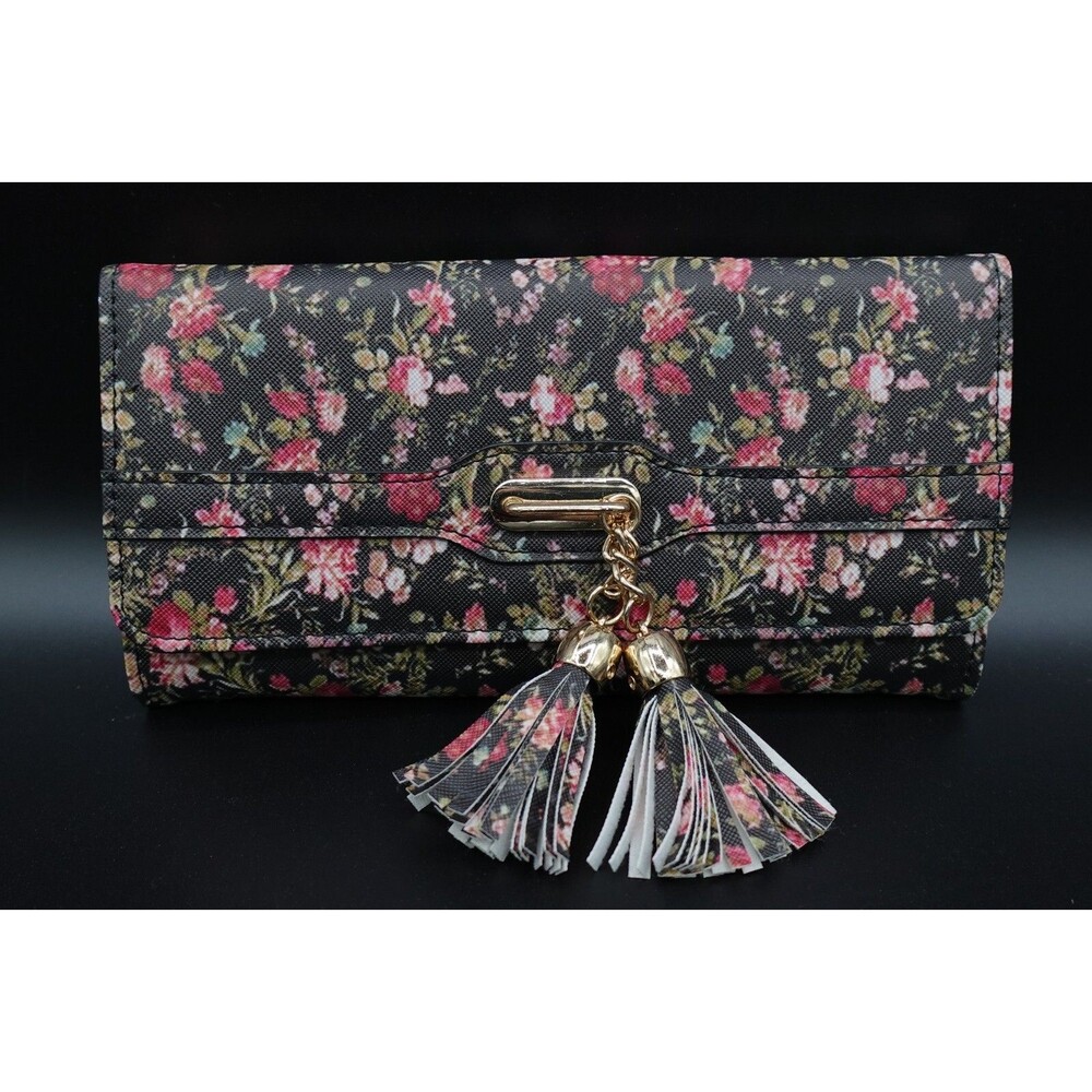 Victorian Trading Co Floral Print Gold Tone Metal Trim Fringe Multi-Slot Wallet